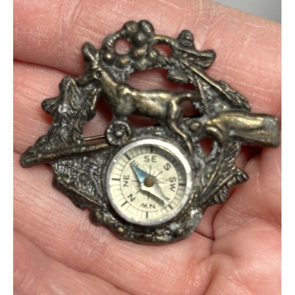 Unique Vintage Miniature Compass Brooch Pin Deer Hunting Outdoors Sportsman